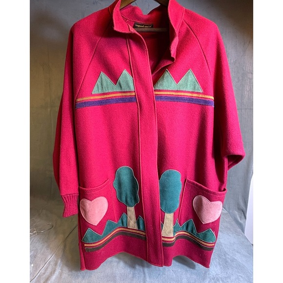 Osgood Smuk Jackets & Blazers - Osgood Smuk Womens Red Wool Blend Suede Tribal Design Face Art to Wear Jacket OS